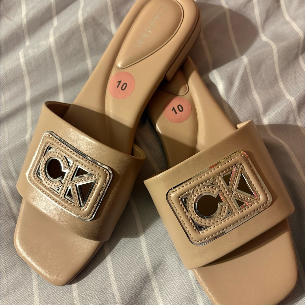 Calvin Klein Beige Slide Sandals with Logo